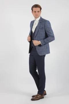 Ανδρικό Slim Fit Σακάκι σε Μπλε Καρό Kapralos Noble